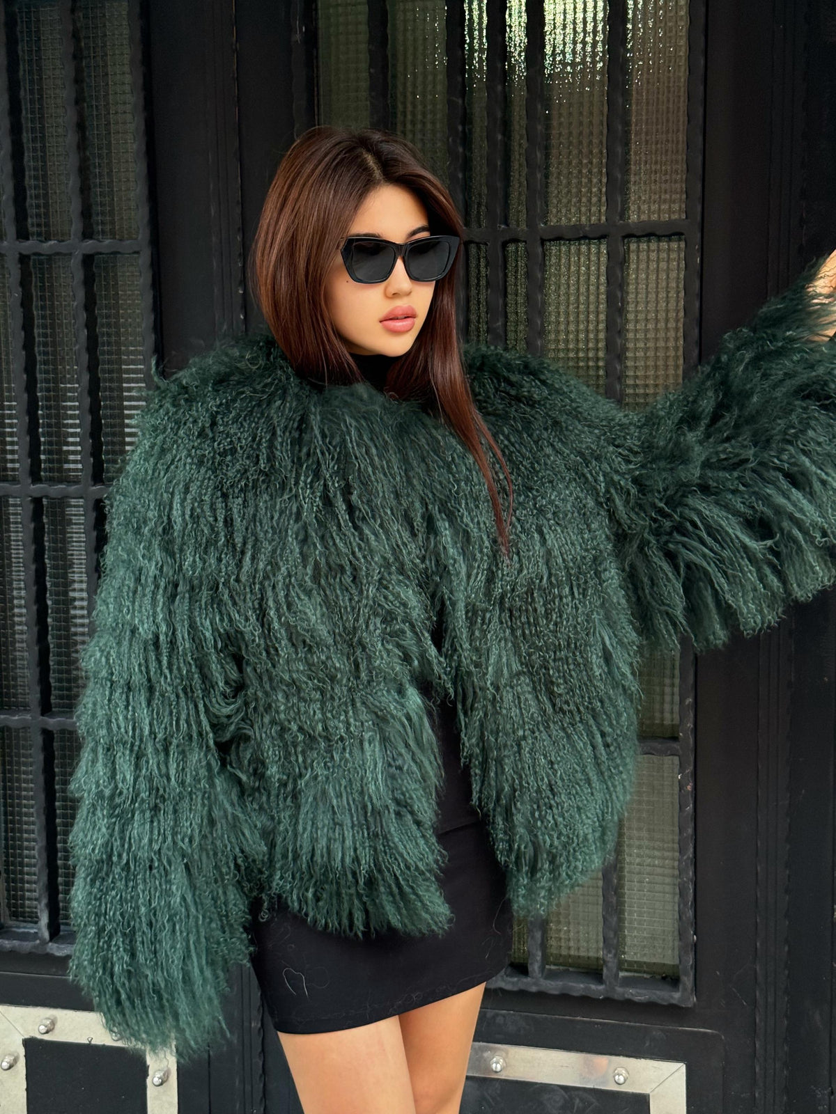 Emerald Green Shaggy Tibetan Fur Jacket : Handmade Mongolian Lamb Fur Short Coat Women