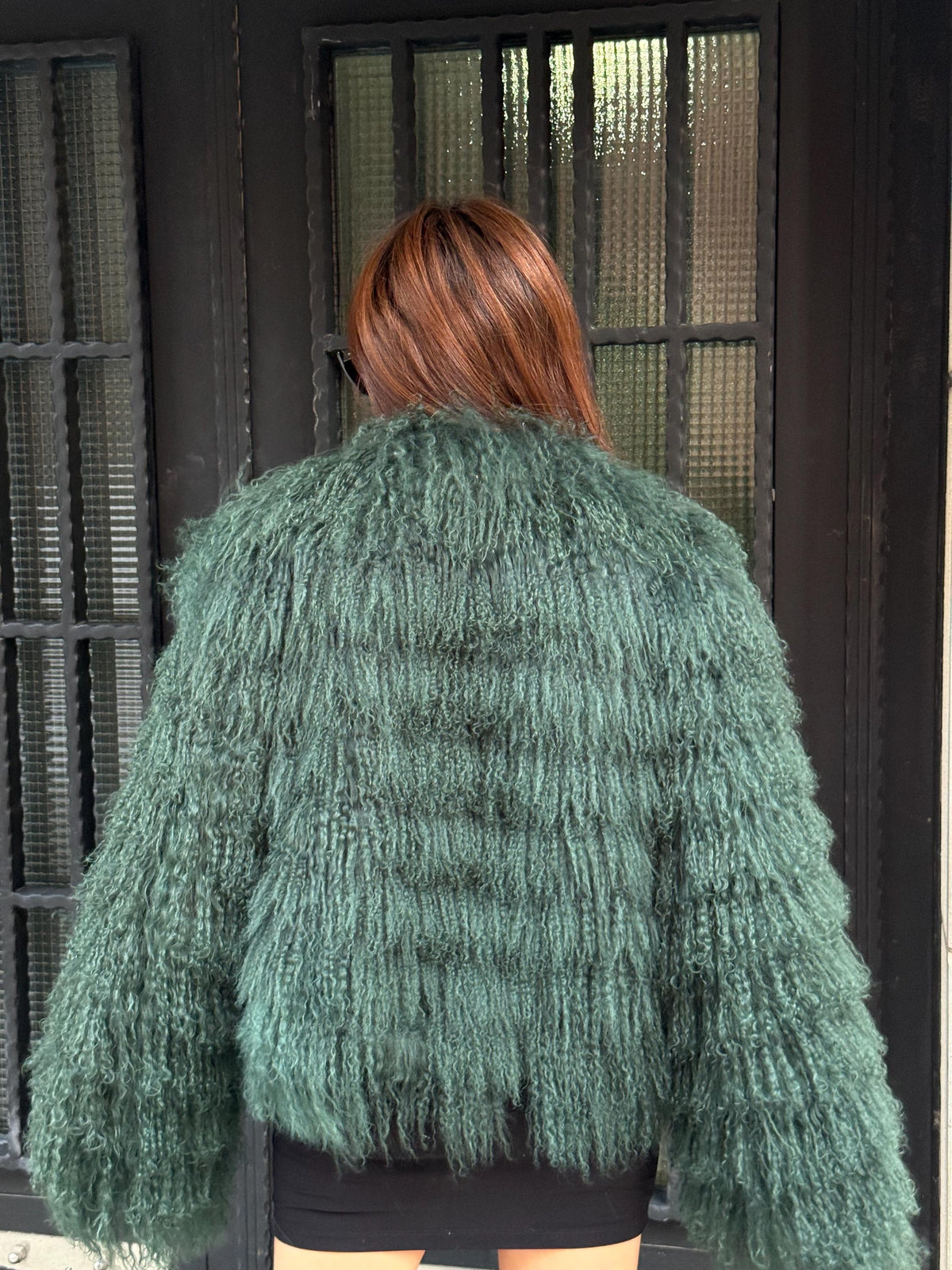 Emerald Green Shaggy Tibetan Fur Jacket : Handmade Mongolian Lamb Fur Short Coat Women