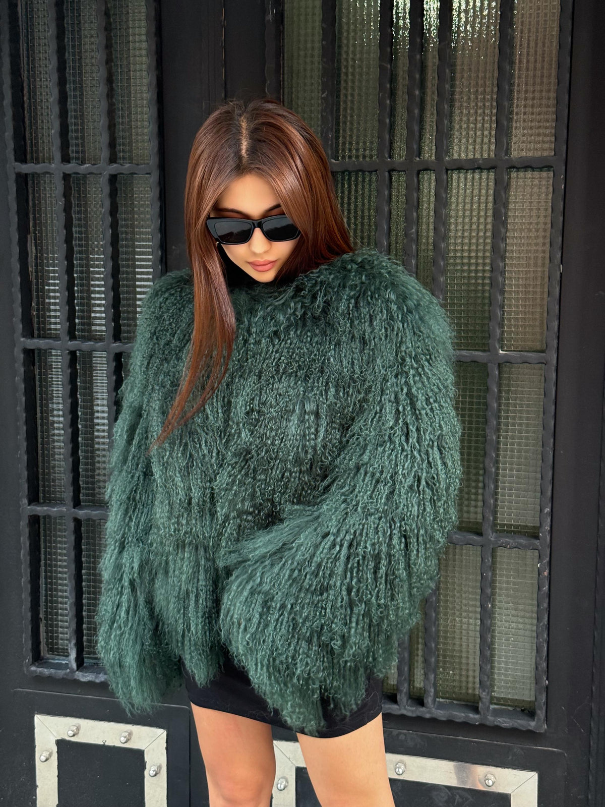 Emerald Green Shaggy Tibetan Fur Jacket : Handmade Mongolian Lamb Fur Short Coat Women