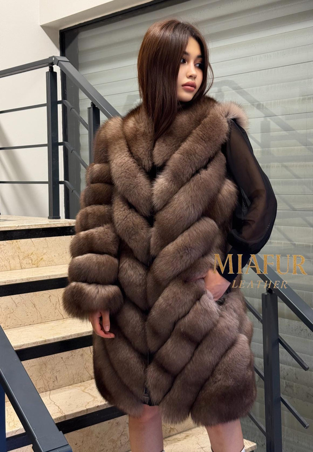 Brown Long Fox Fur Coat | 2 in 1 Handmade Fur Jacket & Vest With Removable Sleeves