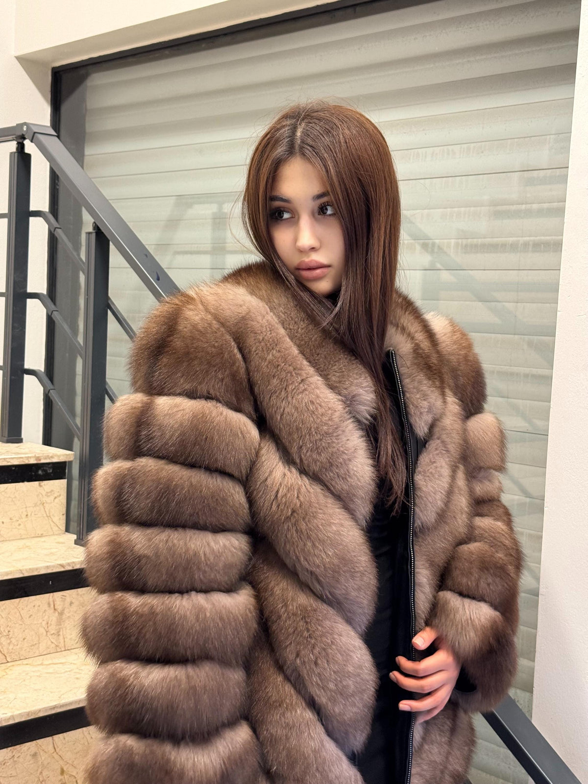 Brown Long Fox Fur Coat | 2 in 1 Handmade Fur Jacket & Vest With Removable Sleeves