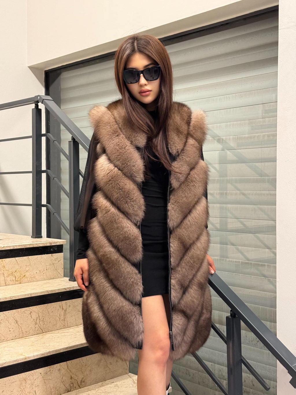Brown Long Fox Fur Coat | 2 in 1 Handmade Fur Jacket & Vest With Removable Sleeves