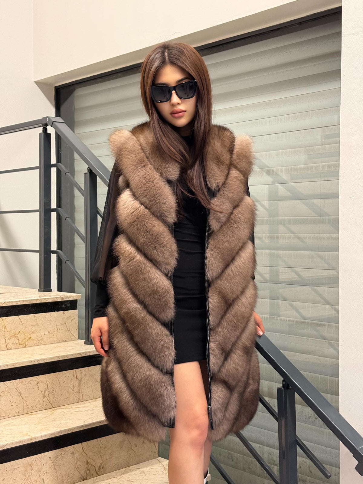 Brown Long Fox Fur Coat | 2 in 1 Handmade Fur Jacket & Vest With Removable Sleeves