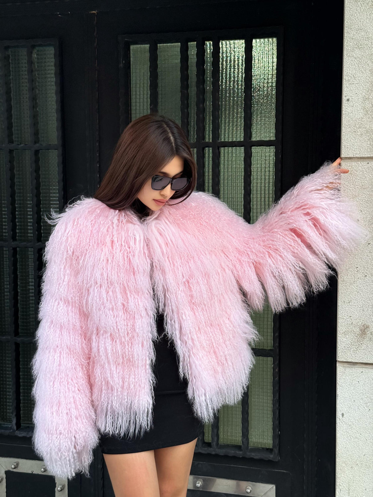Handmade Sweet Pink Tibetan Fur Coat: Shaggy short Lamb Fur Jacket For Women