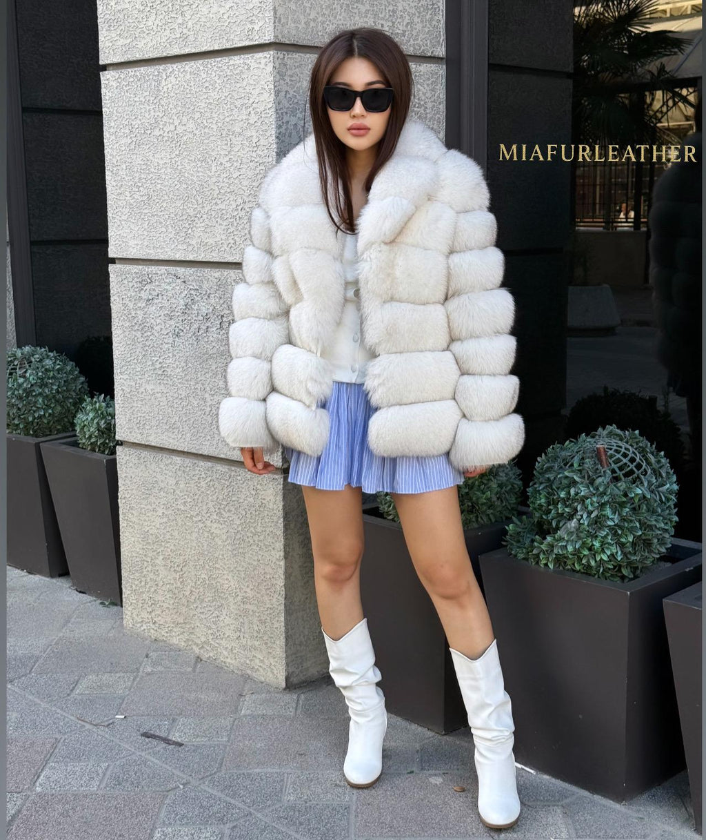 White Fox Fur Jacket for Women | Handmade Natural Luxury Winter Fur Coat