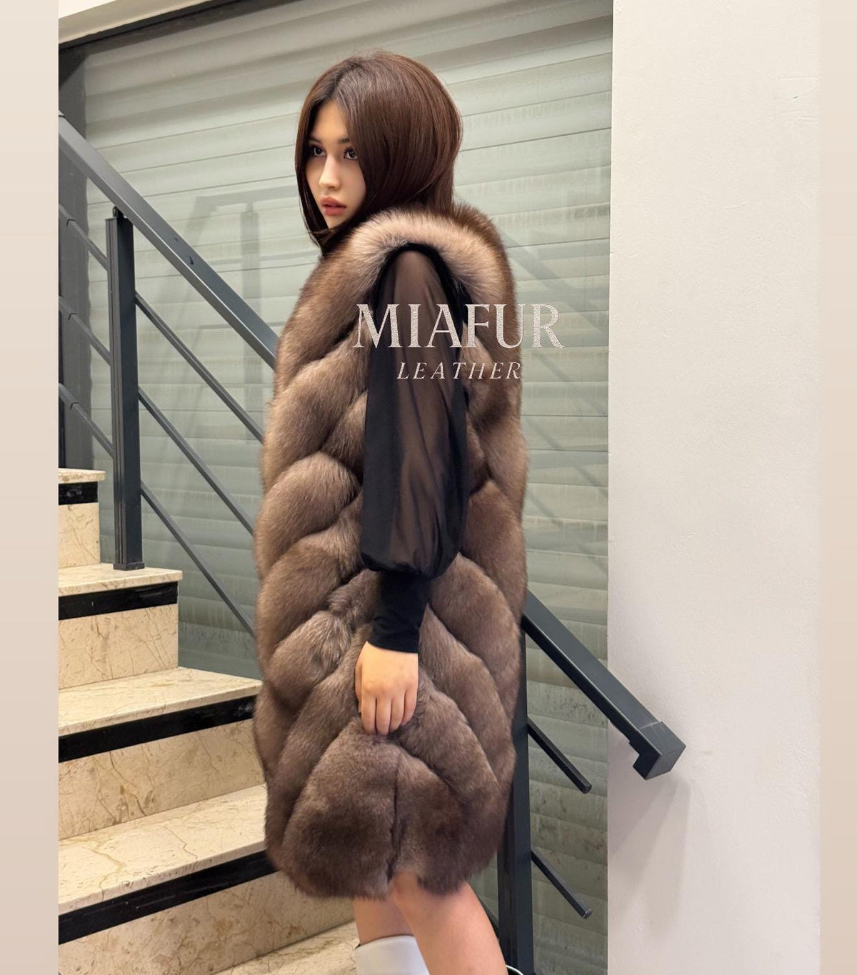 Women’s Brown Fox Fur Vest, Handmade Long Sable Color Fur Gilet