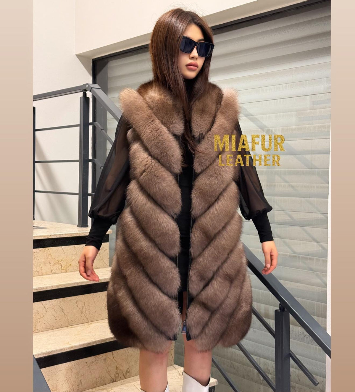 Women’s Brown Fox Fur Vest, Handmade Long Sable Color Fur Gilet