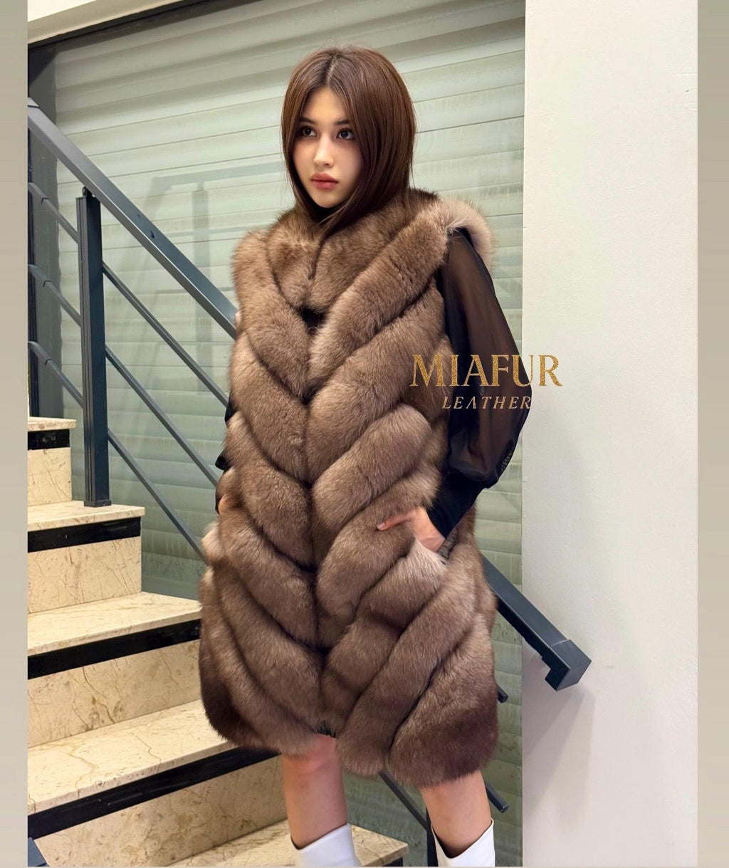 Women’s Brown Fox Fur Vest, Handmade Long Sable Color Fur Gilet