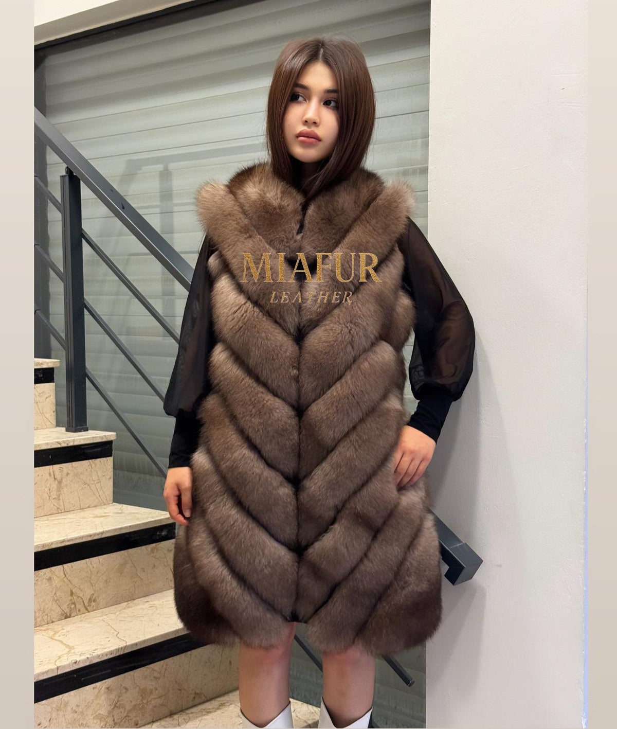 Women’s Brown Fox Fur Vest, Handmade Long Sable Color Fur Gilet