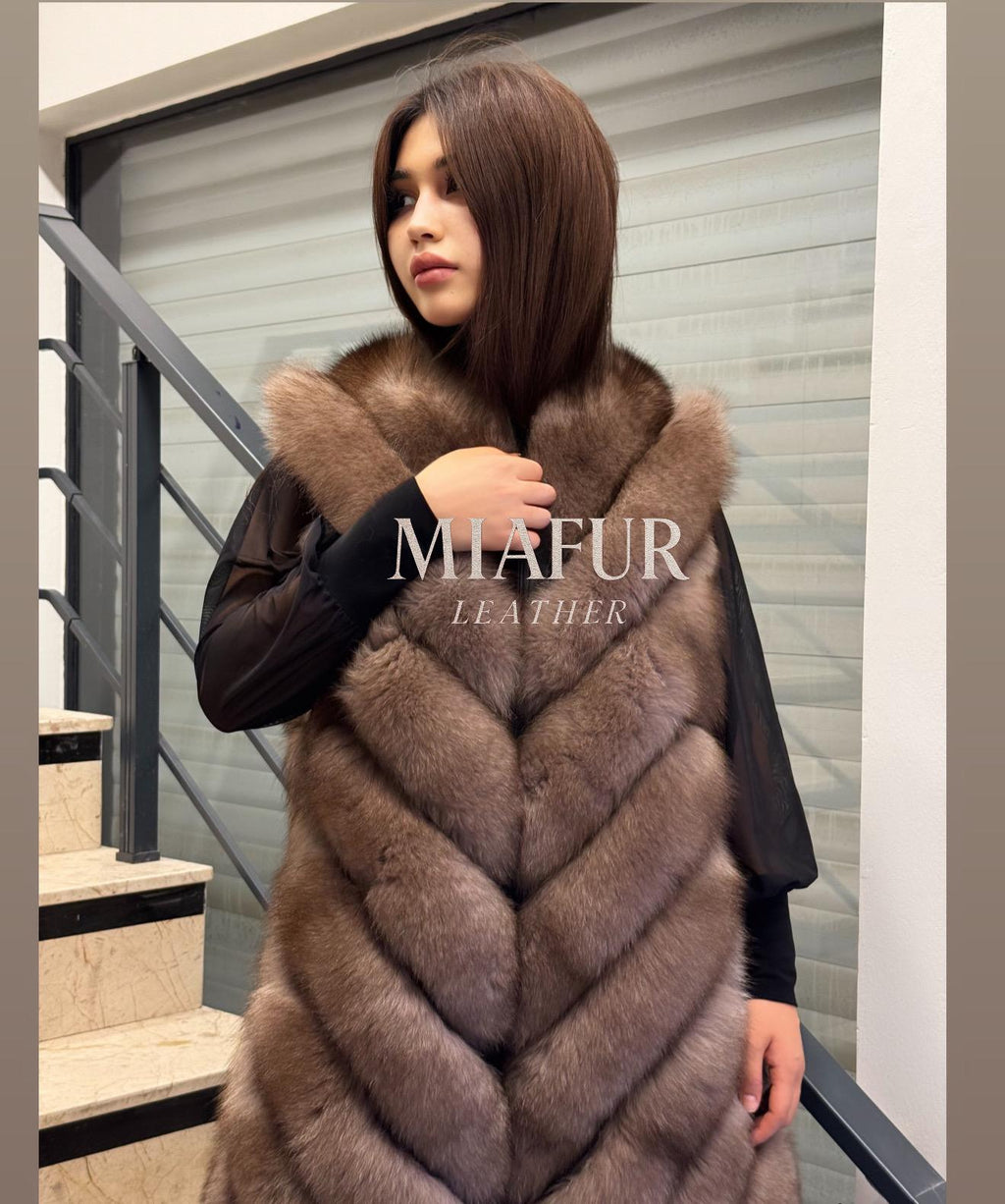 Women’s Brown Fox Fur Vest, Handmade Long Sable Color Fur Gilet