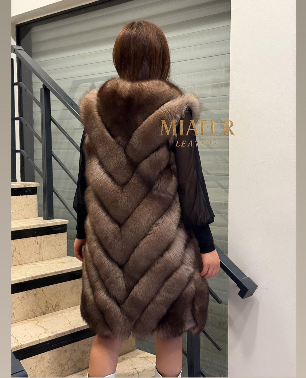 Women’s Brown Fox Fur Vest, Handmade Long Sable Color Fur Gilet