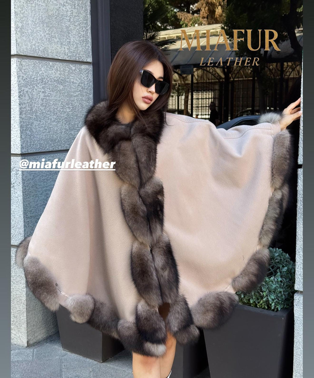 Luxury Zibellino Alpaca Cape , Women’s Handmade Sable Color Fox Fur Trim Shawl