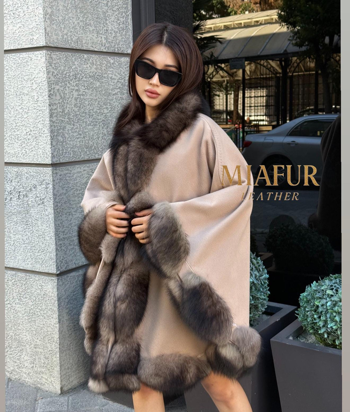 Luxury Zibellino Alpaca Cape , Women’s Handmade Sable Color Fox Fur Trim Shawl