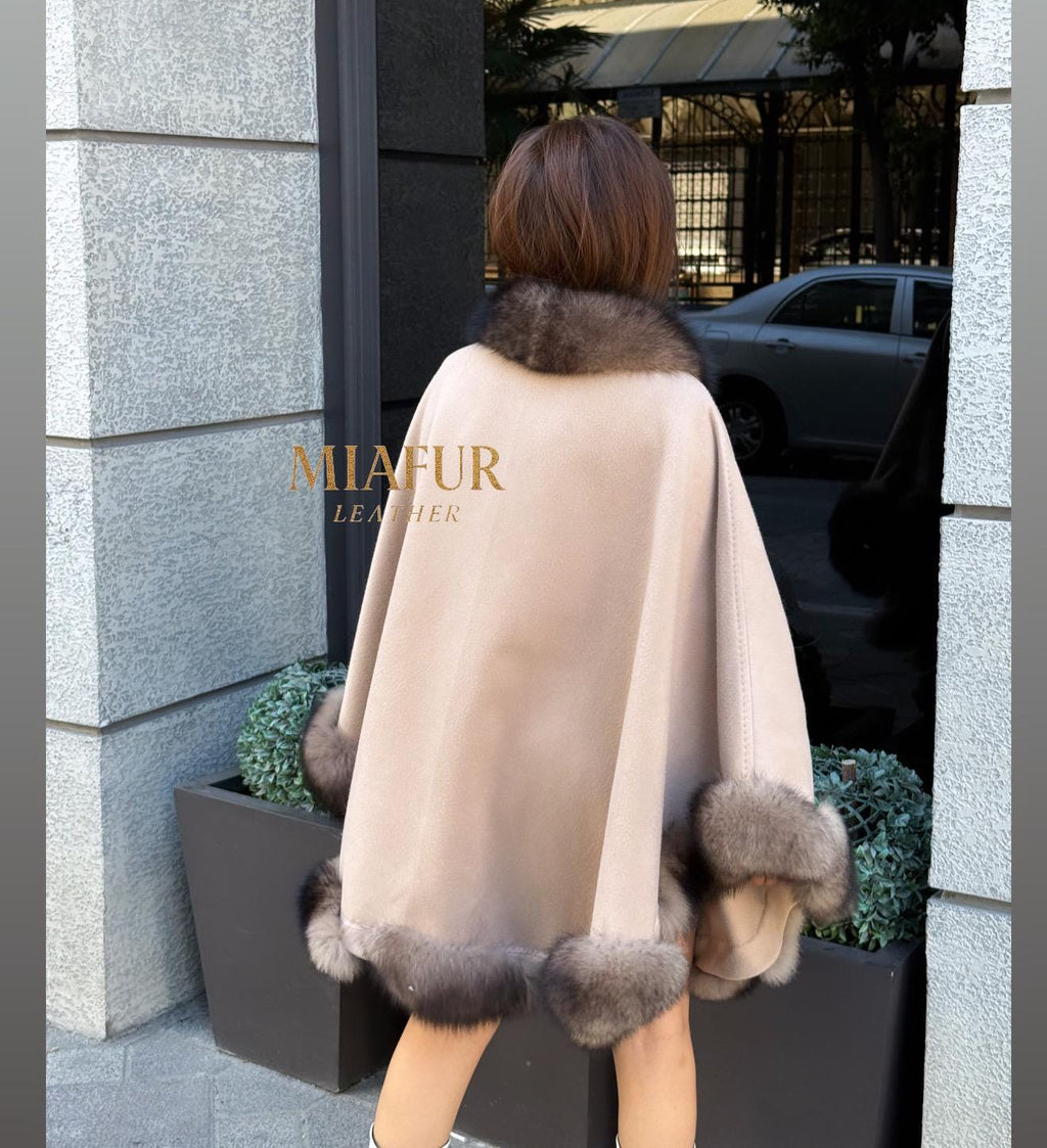 Luxury Zibellino Alpaca Cape , Women’s Handmade Sable Color Fox Fur Trim Shawl