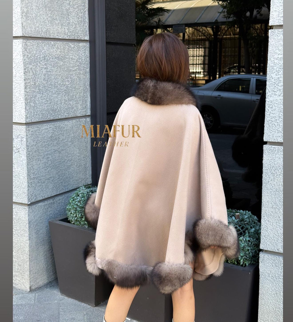 Luxury Zibellino Alpaca Cape , Women’s Handmade Sable Color Fox Fur Trim Shawl