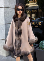 Luxury Zibellino Alpaca Cape , Women’s Handmade Sable Color Fox Fur Trim Shawl