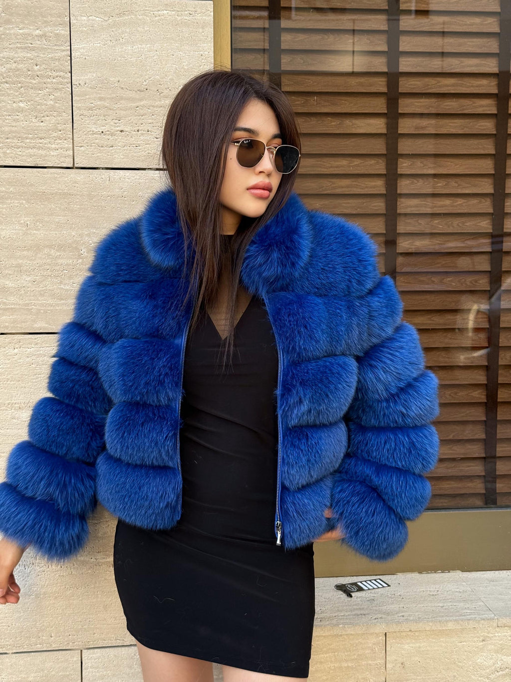 Sax Blue Fox Fur Jacket With Detachable Sleeves, Short Fur Coat For Women