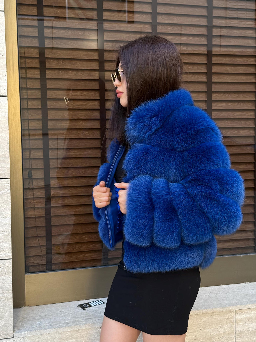 Sax Blue Fox Fur Jacket With Detachable Sleeves, Short Fur Coat For Women