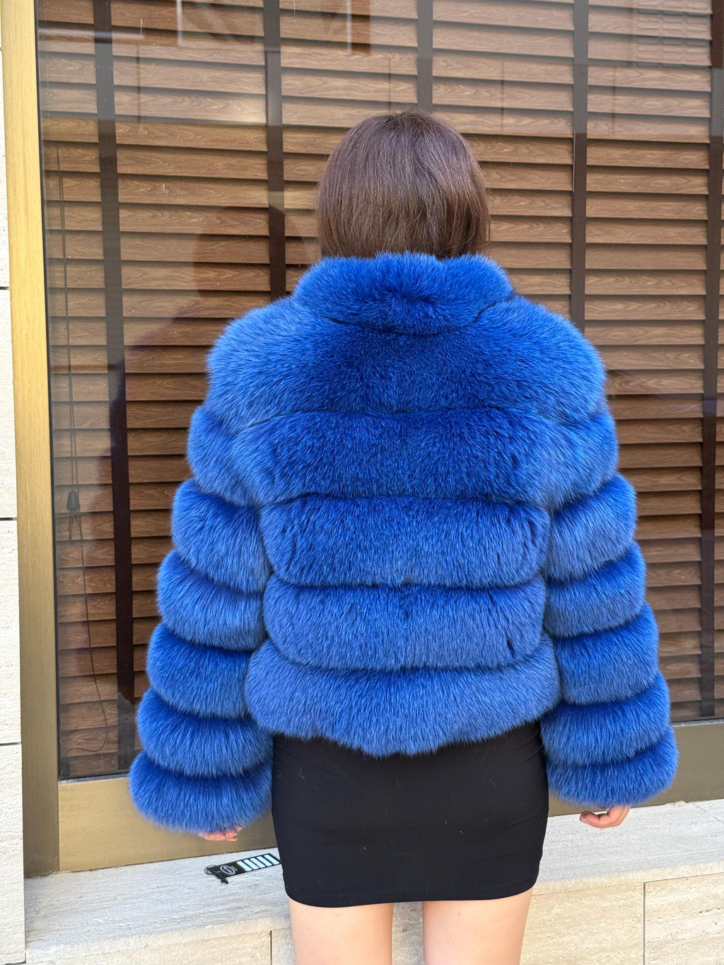 Sax Blue Fox Fur Jacket With Detachable Sleeves, Short Fur Coat For Women