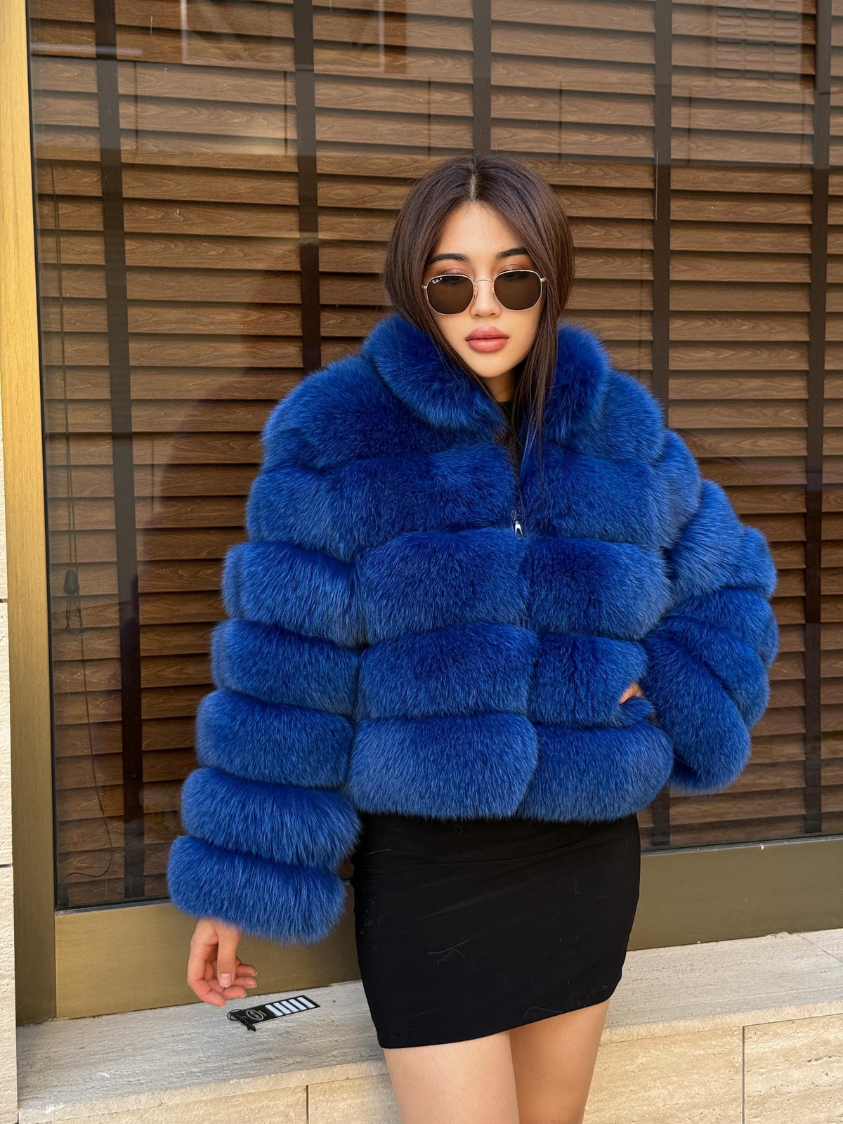 Sax Blue Fox Fur Jacket With Detachable Sleeves, Short Fur Coat For Women