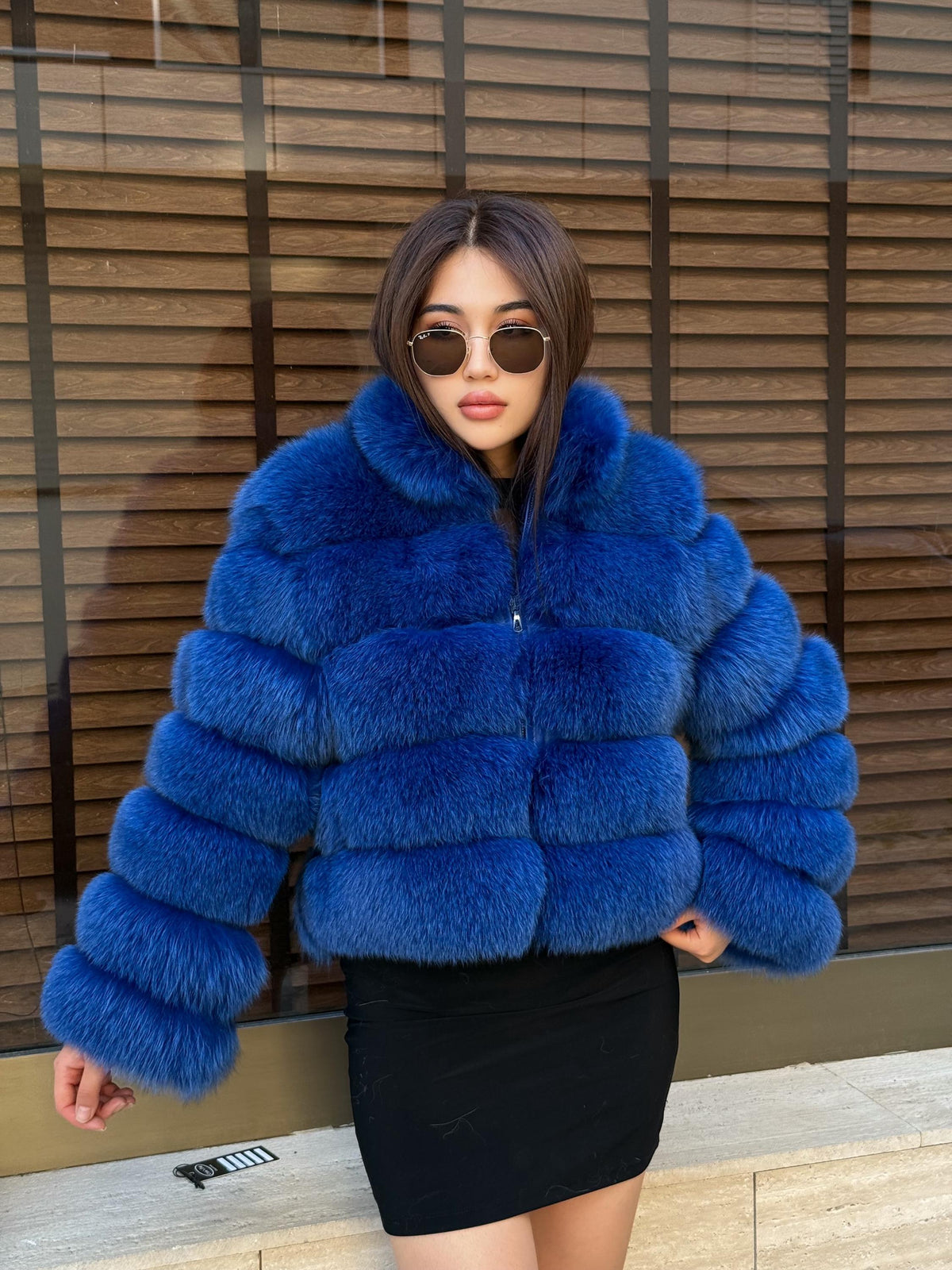 Sax Blue Fox Fur Jacket With Detachable Sleeves, Short Fur Coat For Women