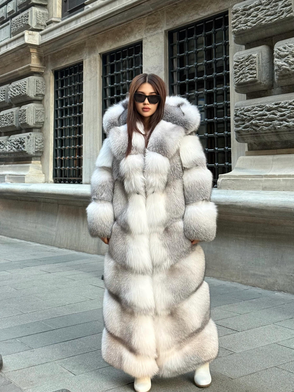 Handmade White Shadow Frost Fox Fur Coat: Luxury Long Hooded Winter Jacket For Women