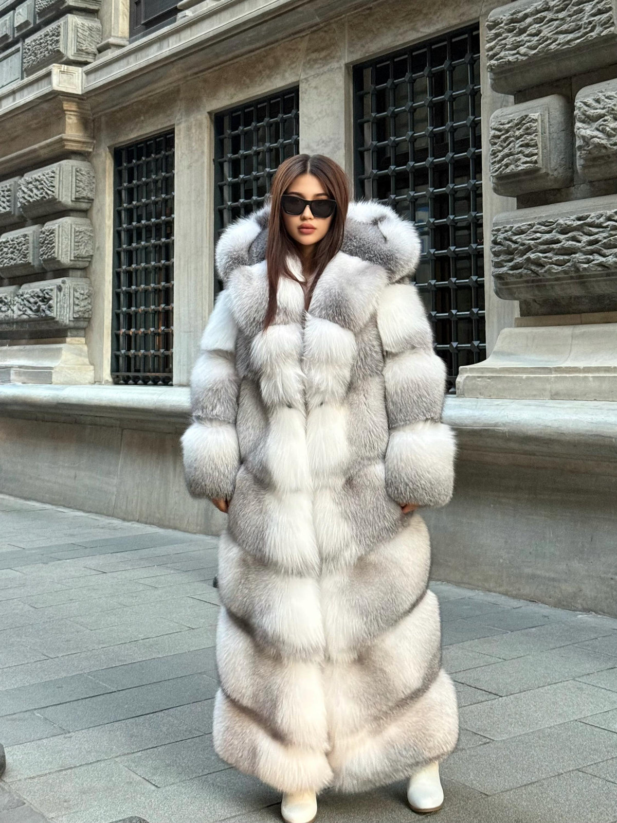 Handmade White Shadow Frost Fox Fur Coat: Luxury Long Hooded Winter Jacket For Women