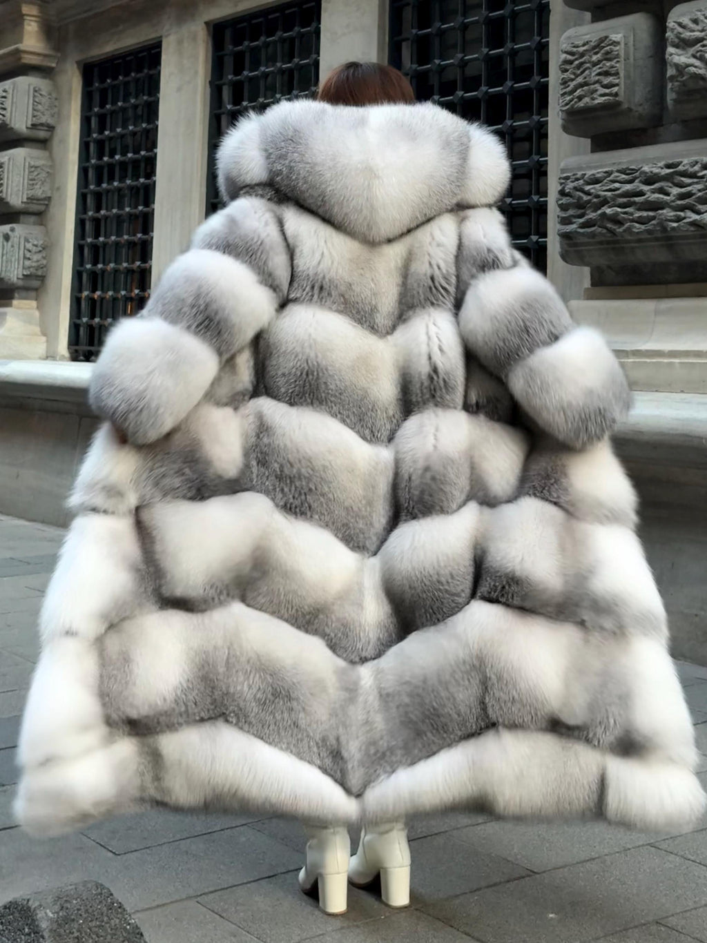 Handmade White Shadow Frost Fox Fur Coat: Luxury Long Hooded Winter Jacket For Women
