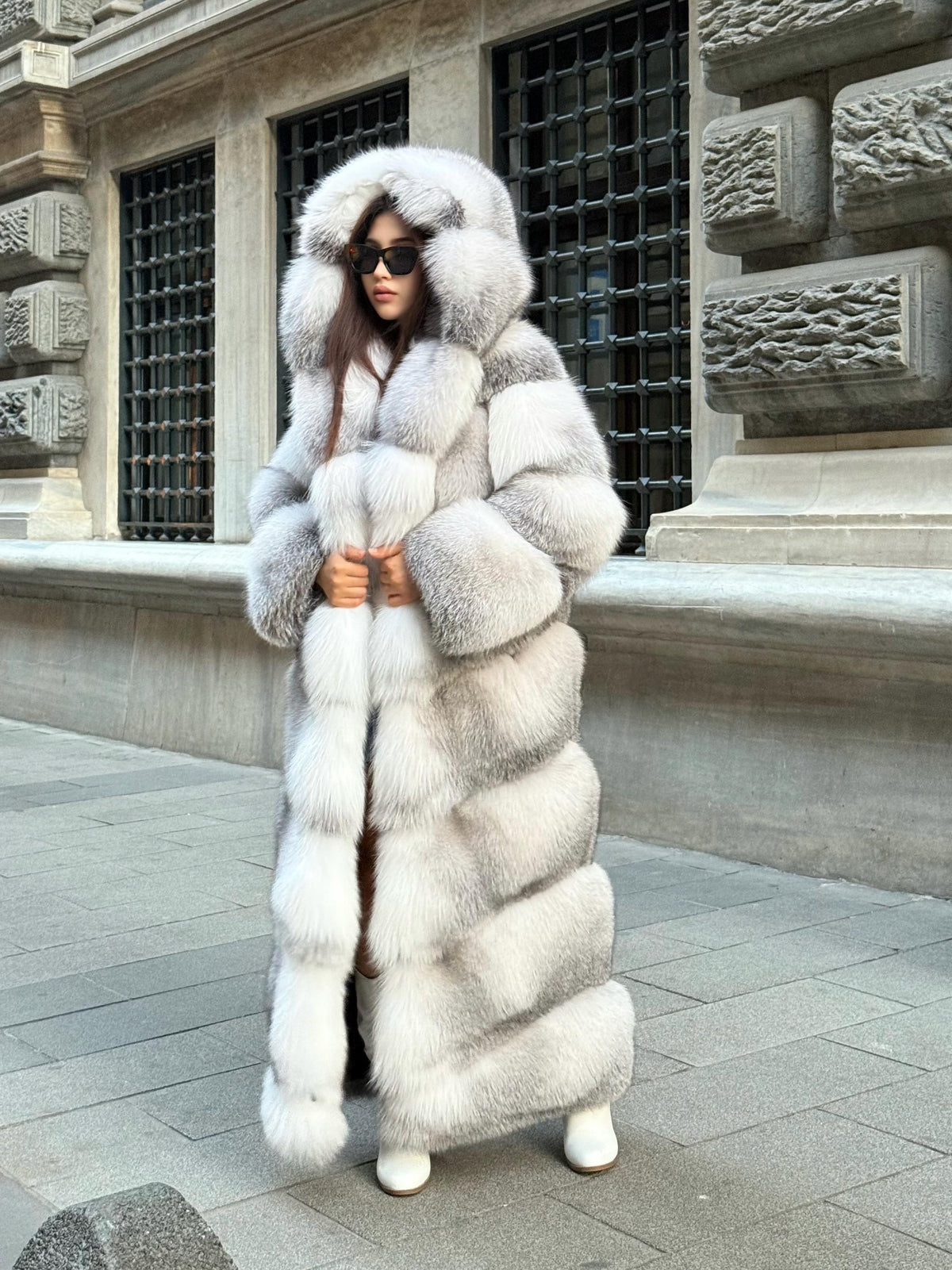 Handmade White Shadow Frost Fox Fur Coat: Luxury Long Hooded Winter Jacket For Women