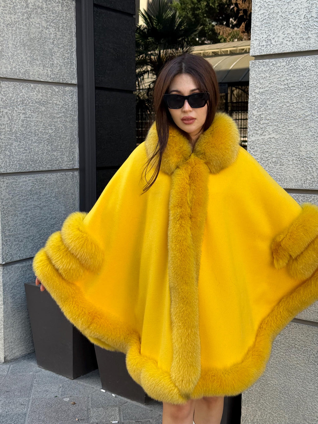 Yellow Cashmere Cape With Fur Trim, Handmade Plus Size Fox Fur Shawl