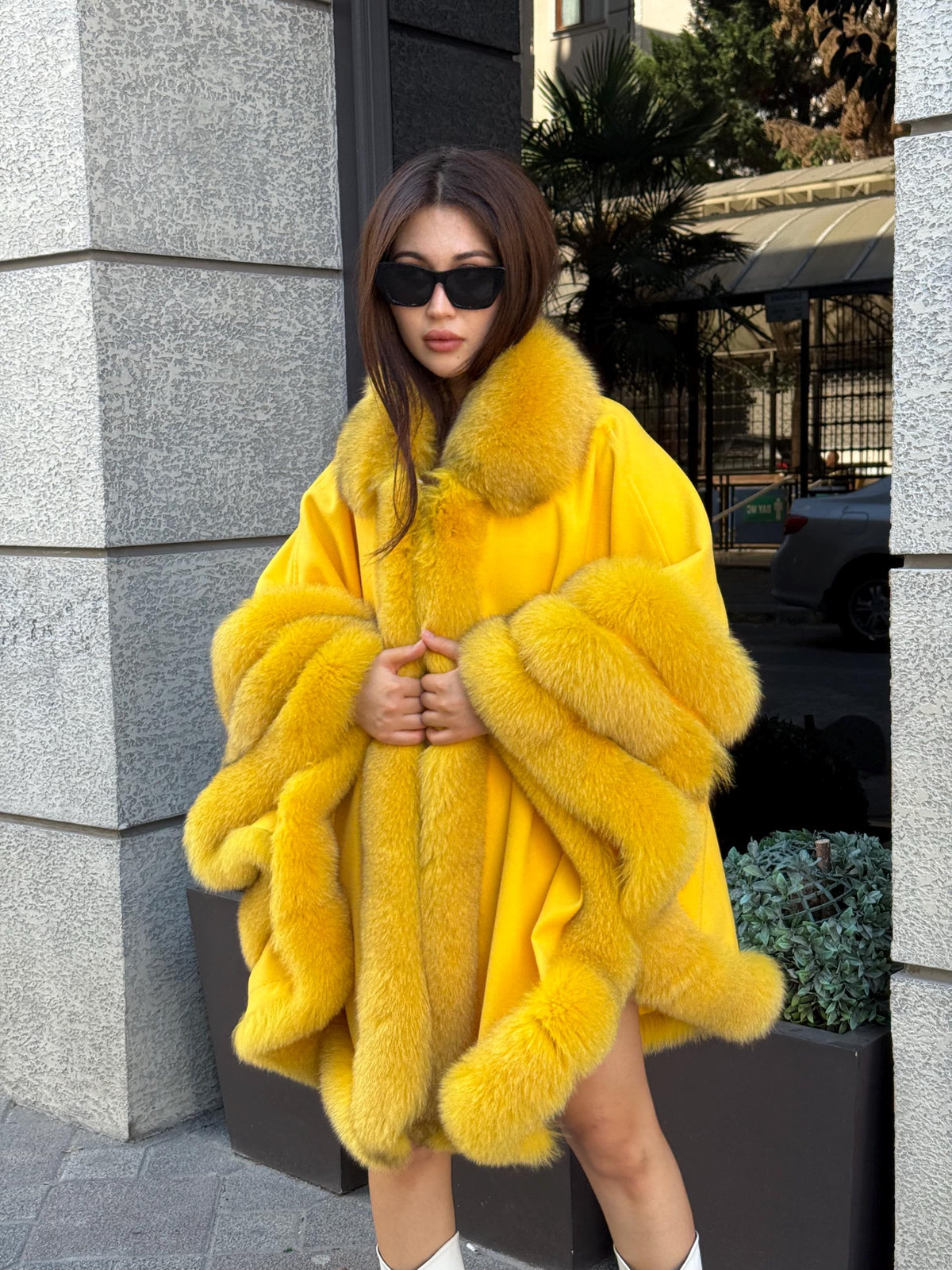 Yellow Cashmere Cape With Fur Trim, Handmade Plus Size Fox Fur Shawl