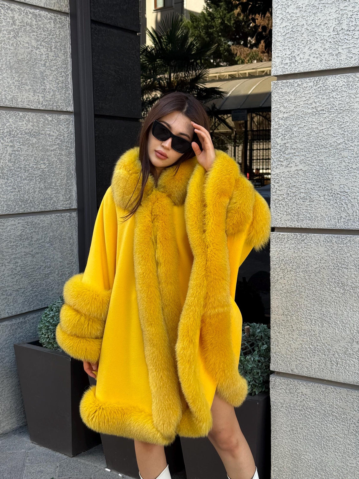 Yellow Cashmere Cape With Fur Trim, Handmade Plus Size Fox Fur Shawl