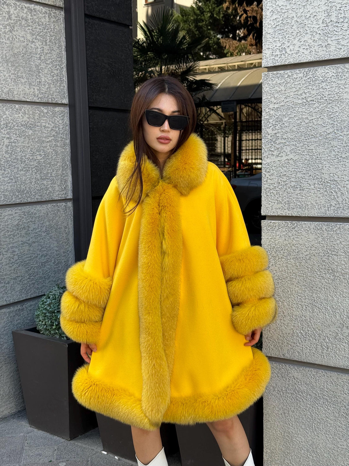 Yellow Cashmere Cape With Fur Trim, Handmade Plus Size Fox Fur Shawl