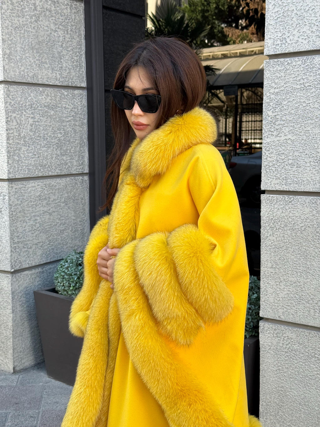 Yellow Cashmere Cape With Fur Trim, Handmade Plus Size Fox Fur Shawl