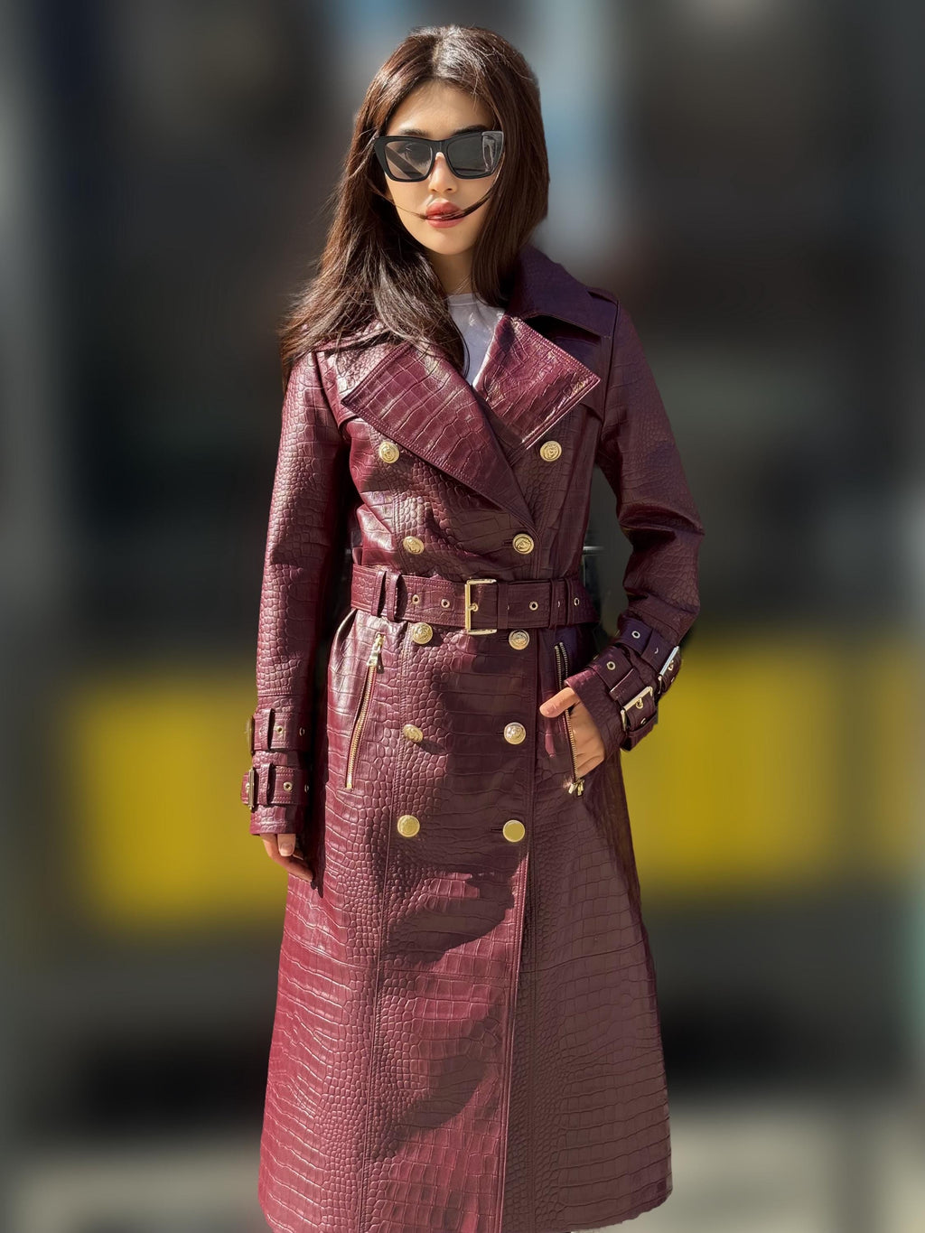 Burgundy Croco Print Leather Trench Coat: Handmade Military Style Outerwear