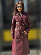 Burgundy Croco Print Leather Trench Coat: Handmade Military Style Outerwear