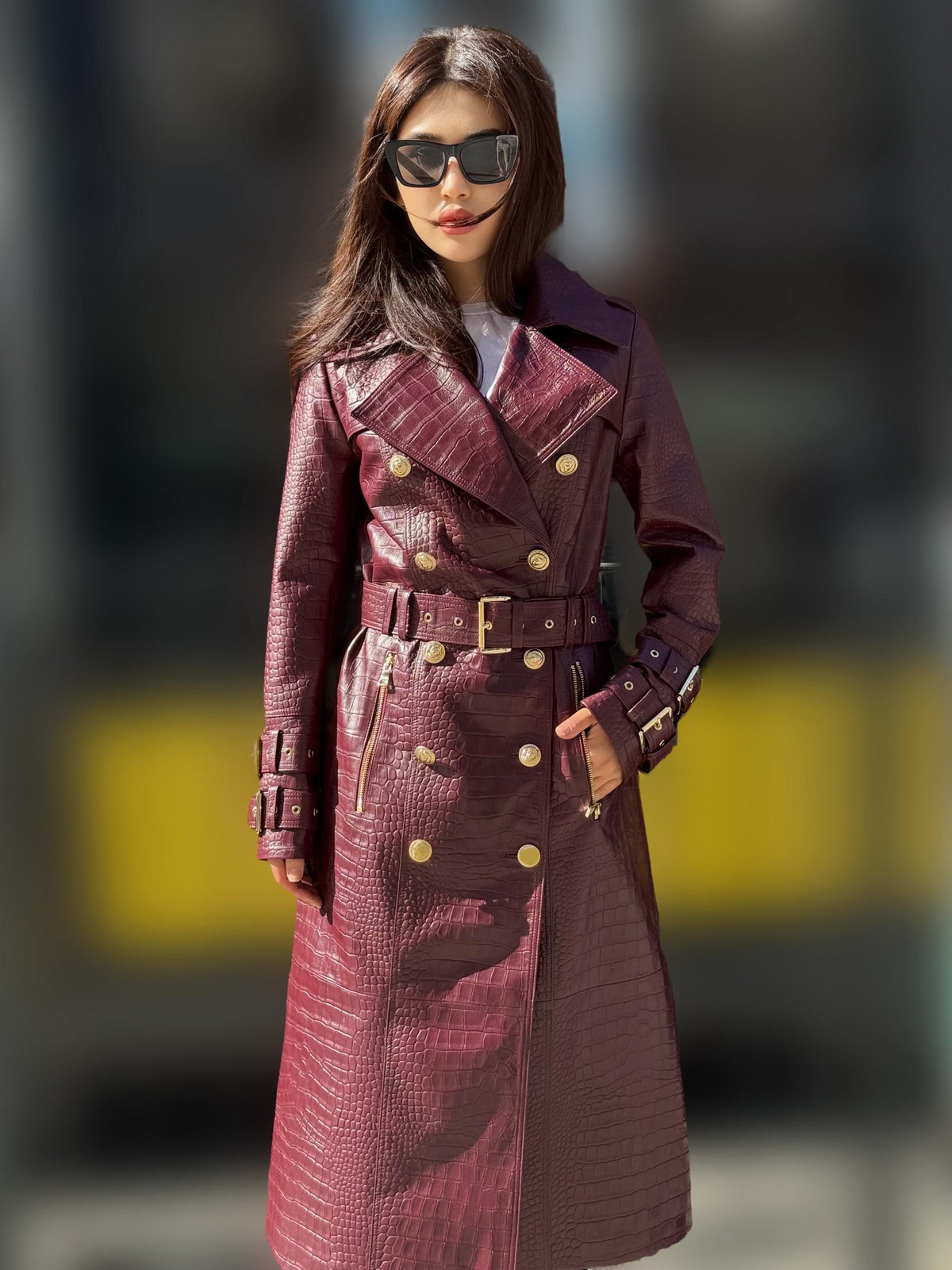 Burgundy Croco Print Leather Trench Coat: Handmade Military Style Outerwear