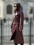 Burgundy Croco Print Leather Trench Coat: Handmade Military Style Outerwear