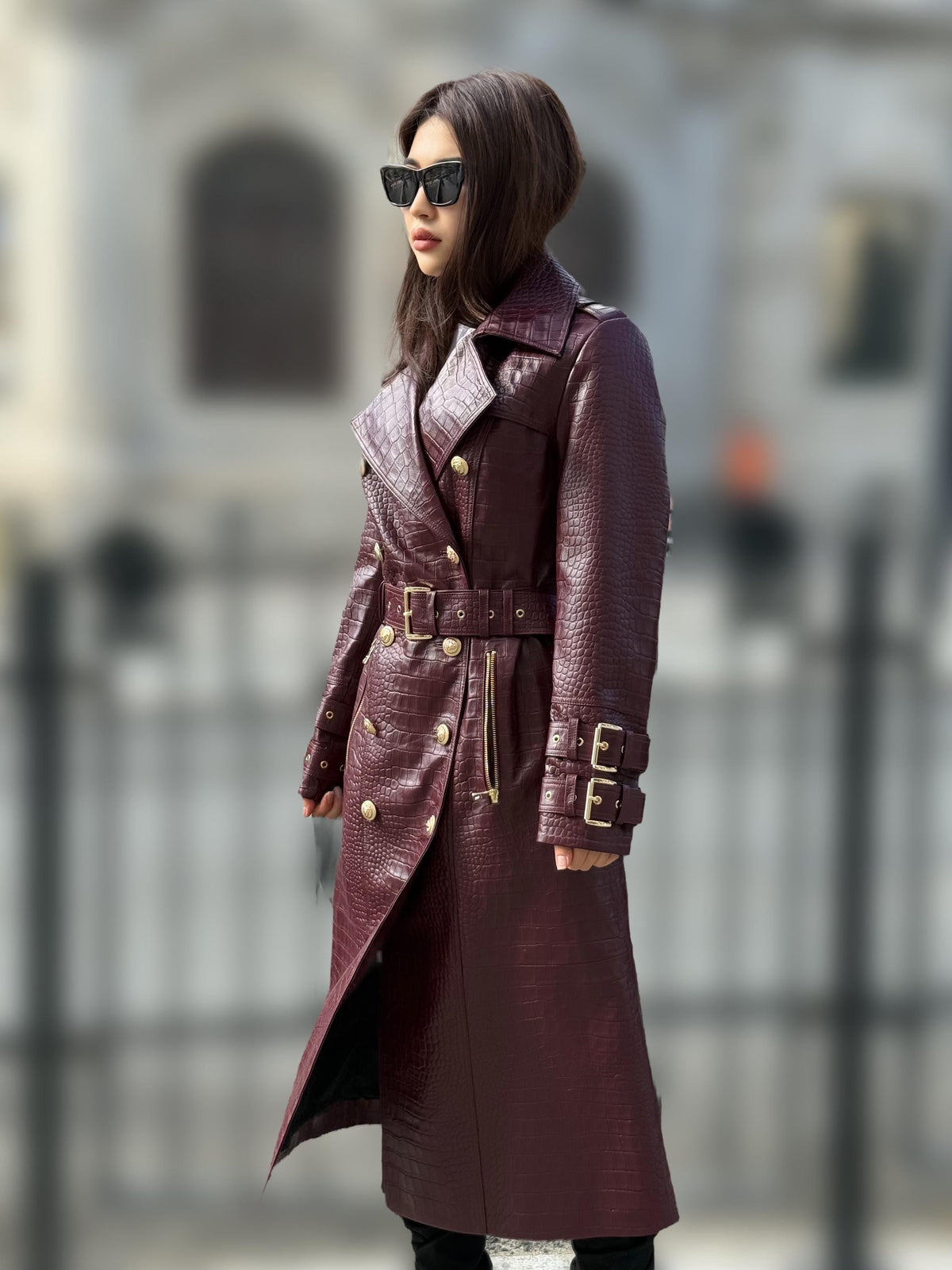 Burgundy Croco Print Leather Trench Coat: Handmade Military Style Outerwear