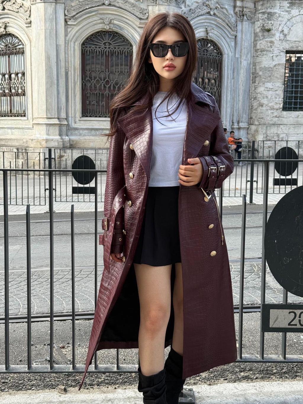 Burgundy Croco Print Leather Trench Coat: Handmade Military Style Outerwear