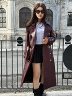 Burgundy Croco Print Leather Trench Coat: Handmade Military Style Outerwear