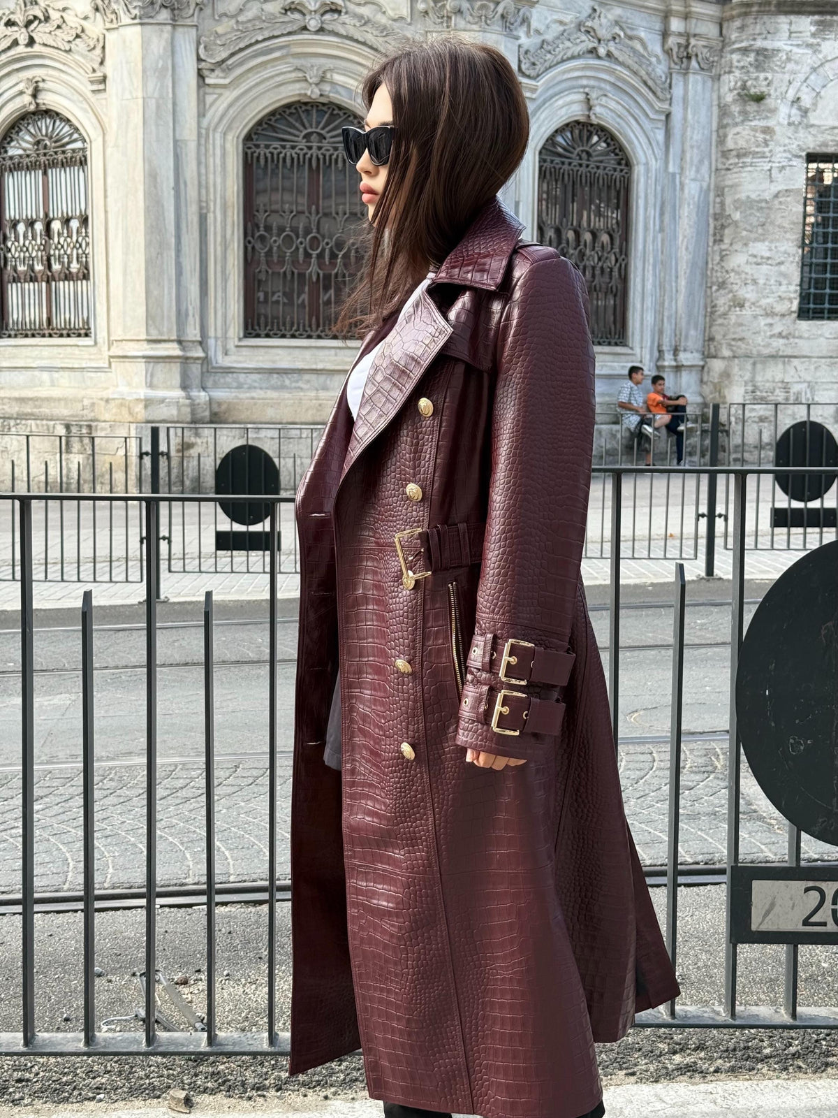 Burgundy Croco Print Leather Trench Coat: Handmade Military Style Outerwear