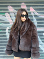 Dark Brown Fox Fur Jacket: Women’s Handmade Luxury Short Fox Fur Coat