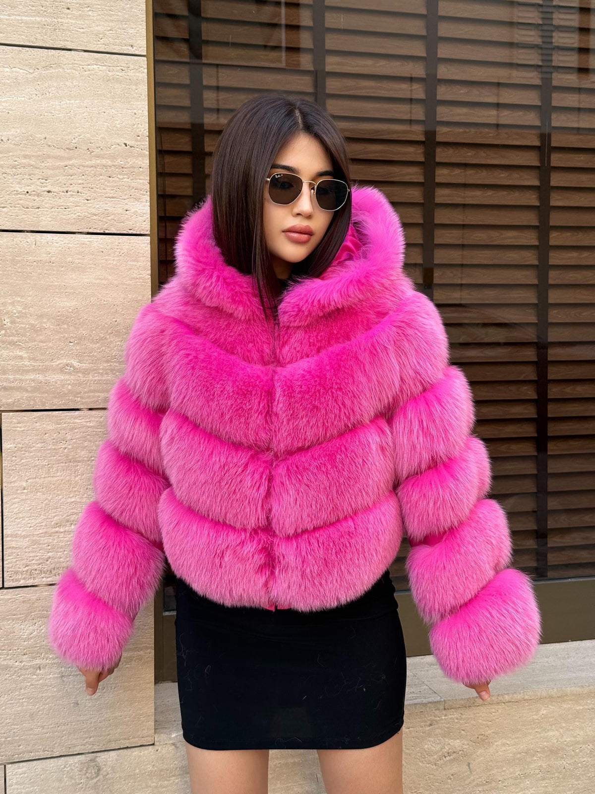 Women’s Pink Fox Fur Jacket, Handmade Luxury Detachable Hood Sleeves Short Fur Coat