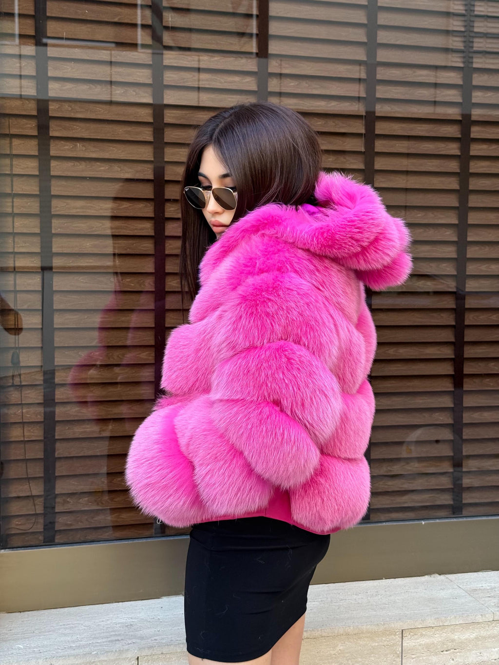 Women’s Pink Fox Fur Jacket, Handmade Luxury Detachable Hood Sleeves Short Fur Coat