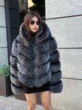 Silver Fox Fur Jacket: Detachable Hood Sleeves Fox Fur Coat.. Frost Fox Fur Jacket.- Women Fox Fur Coat__ Warm Winter Fur Coat