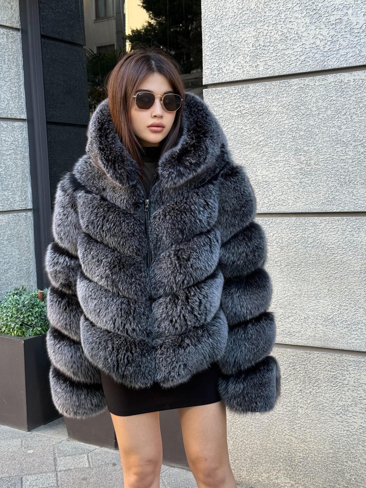Silver Fox Fur Jacket: Detachable Hood Sleeves Fox Fur Coat.. Frost Fox Fur Jacket.- Women Fox Fur Coat__ Warm Winter Fur Coat