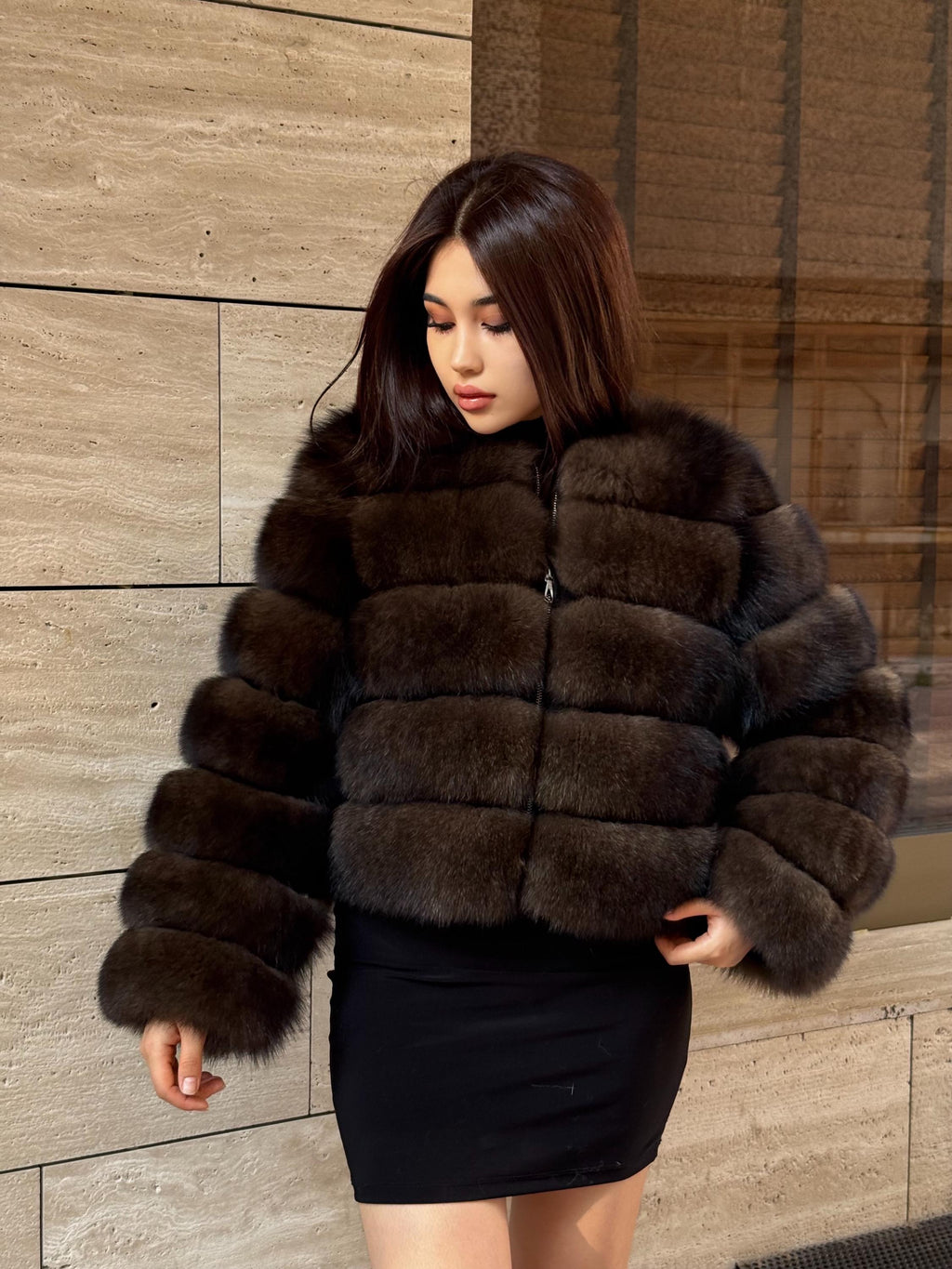 Brown Fox Fur Jacket with Detachable Sleeves: Handmade Women Sable Color Fur Coat