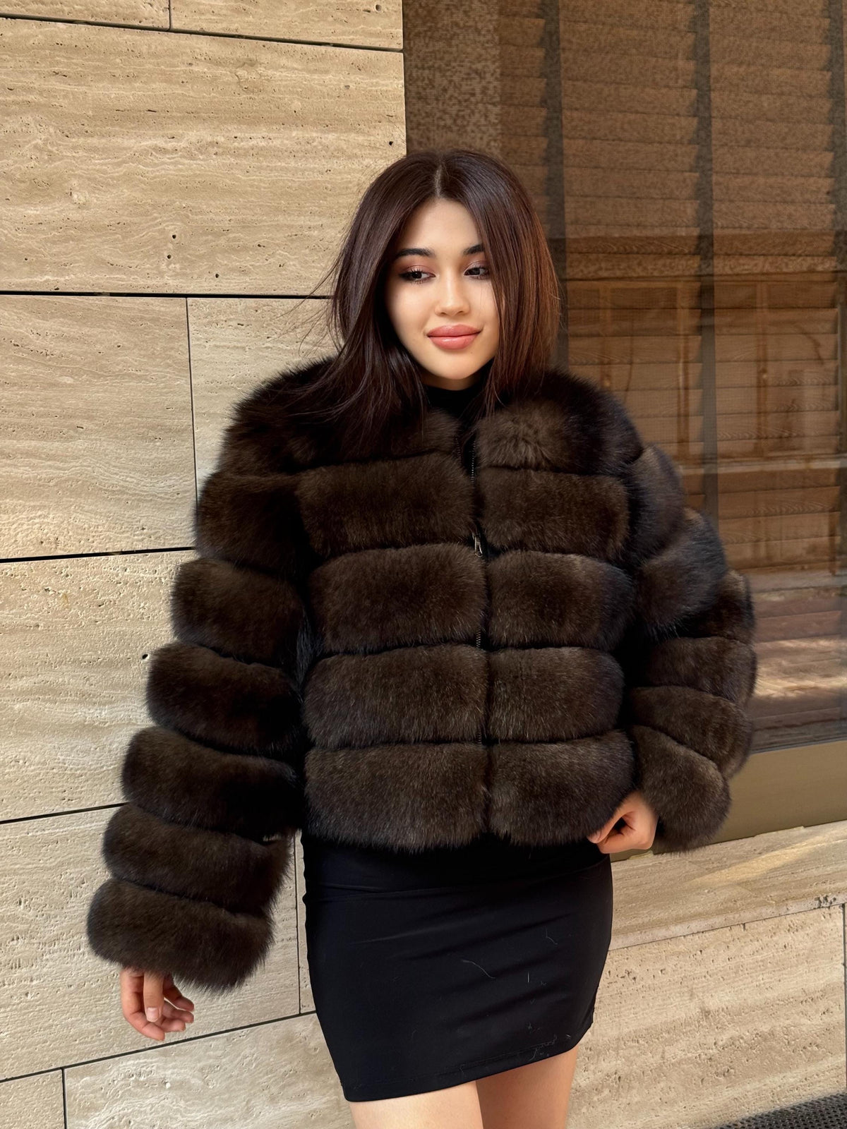 Brown Fox Fur Jacket with Detachable Sleeves: Handmade Women Sable Color Fur Coat