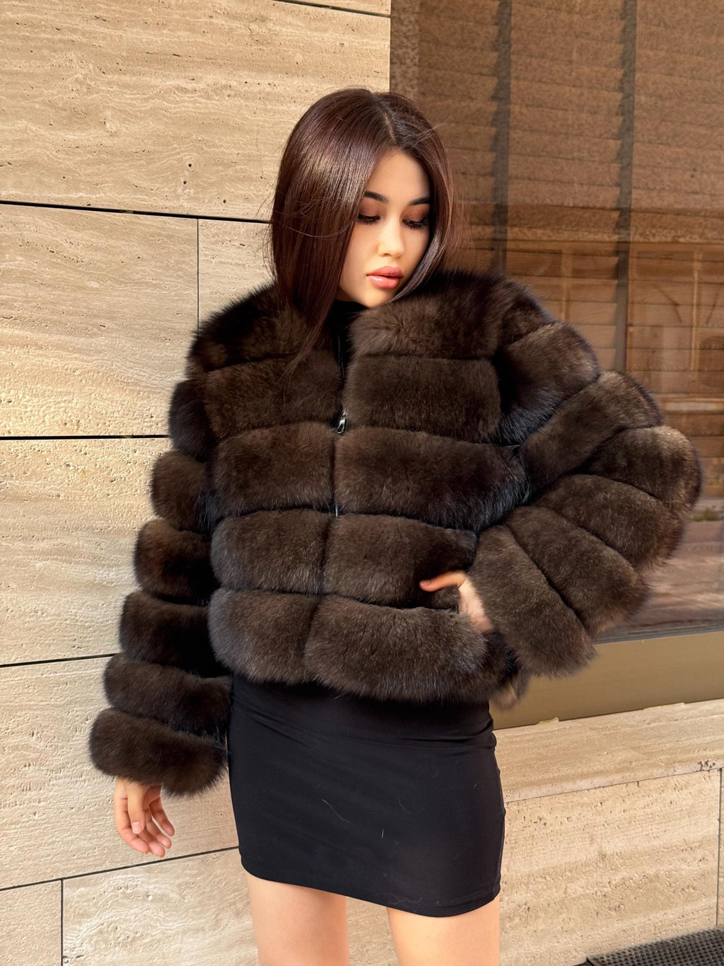 Brown Fox Fur Jacket with Detachable Sleeves: Handmade Women Sable Color Fur Coat